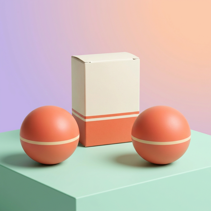 Coral and cream massage ball pair and blank matching carton on mint podium