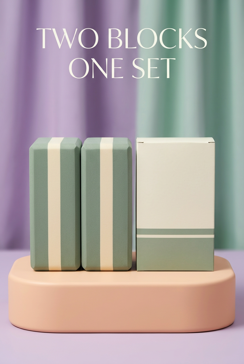 Sage & Cream Yoga Blocks, Set of Two — Chamfered Rectangular Practice Props with a Contrasting Center Band and Coordinated Logo-Free Carton