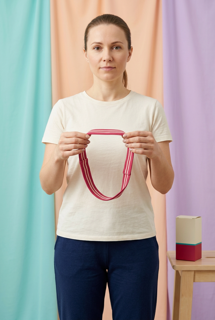 Adult European-looking female model holding the raspberry and cream exercise loop