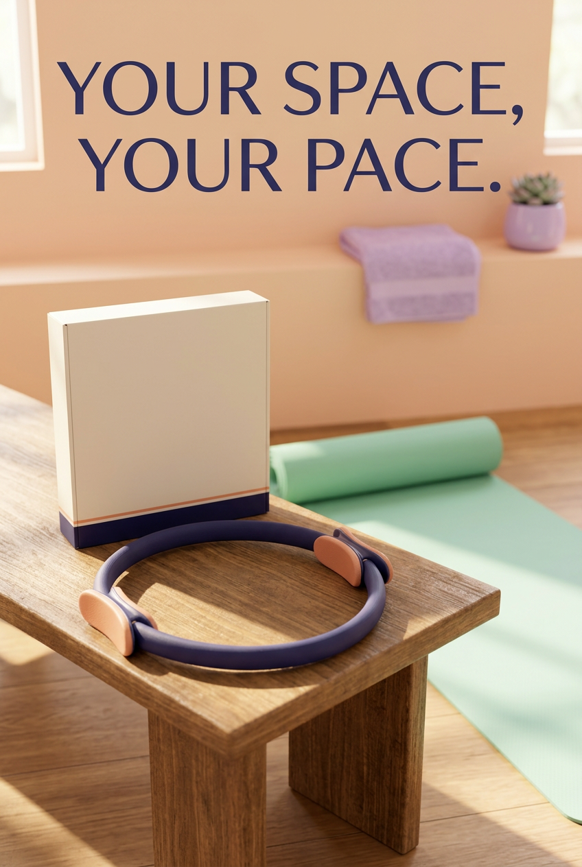 Your Space Your Pace: Pilates ring and matching carton in a colorful home exercise setting