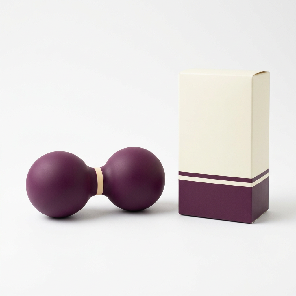 White background photo of one connected plum cream peanut massage accessory and logo-free carton