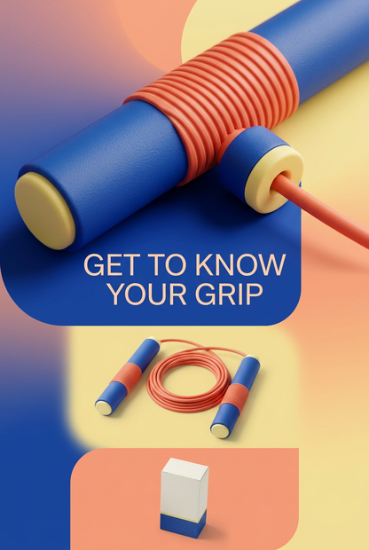 Get to Know Your Grip: close-up of coral ribbed band and cobalt jump rope handle