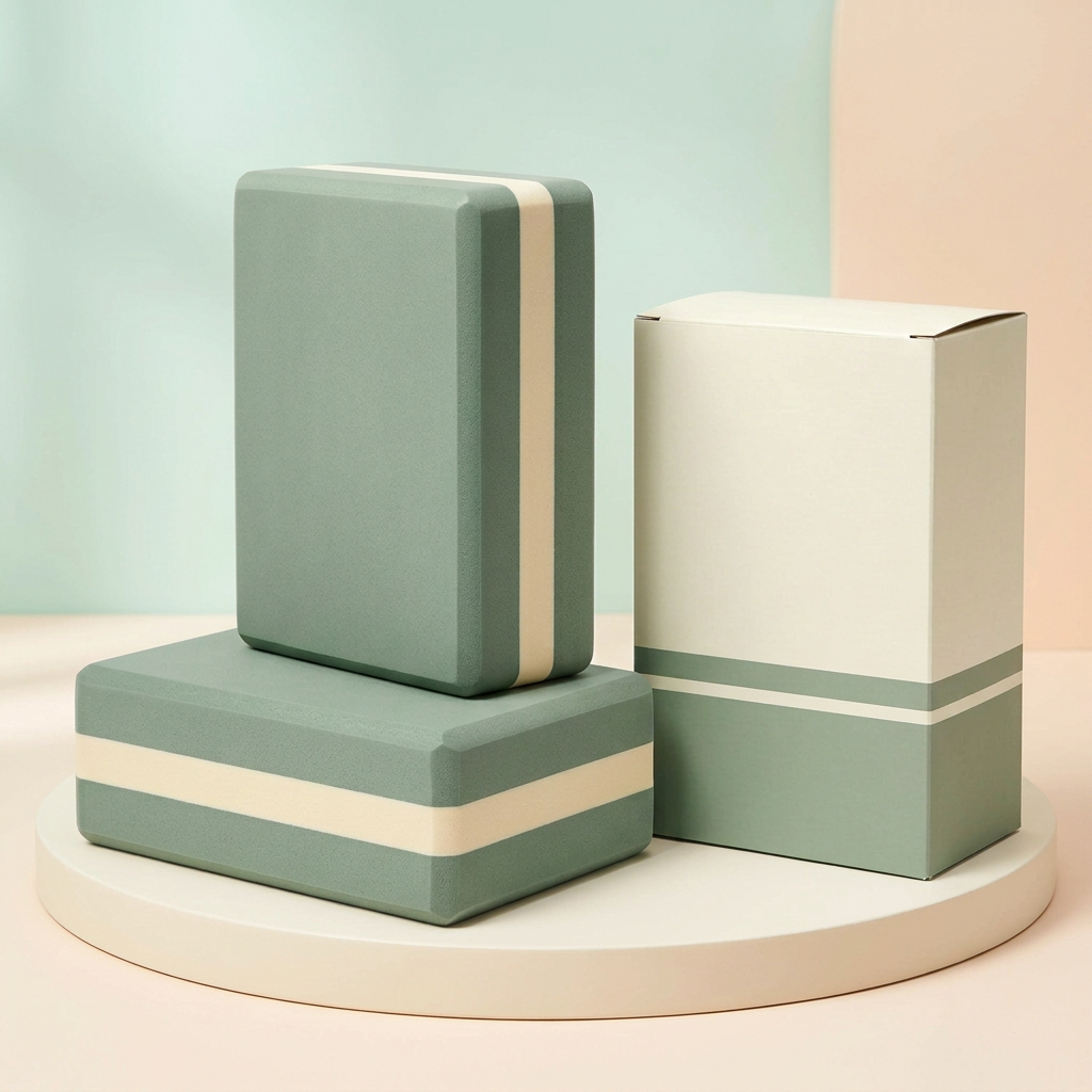 Two matching sage yoga blocks with cream center bands and blank carton on cream platform
