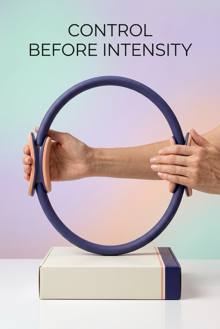 Control Before Intensity: hands holding the opposing peach pads of the Pilates ring