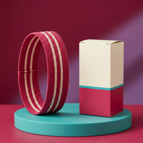 Raspberry fabric resistance loop with two cream stripes and matching logo-free carton on turquoise podium