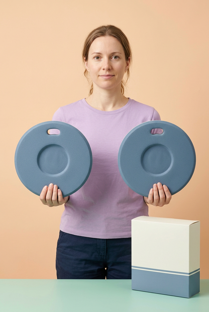 Adult Western female model presenting two dusty-blue kneeling pads one in each hand