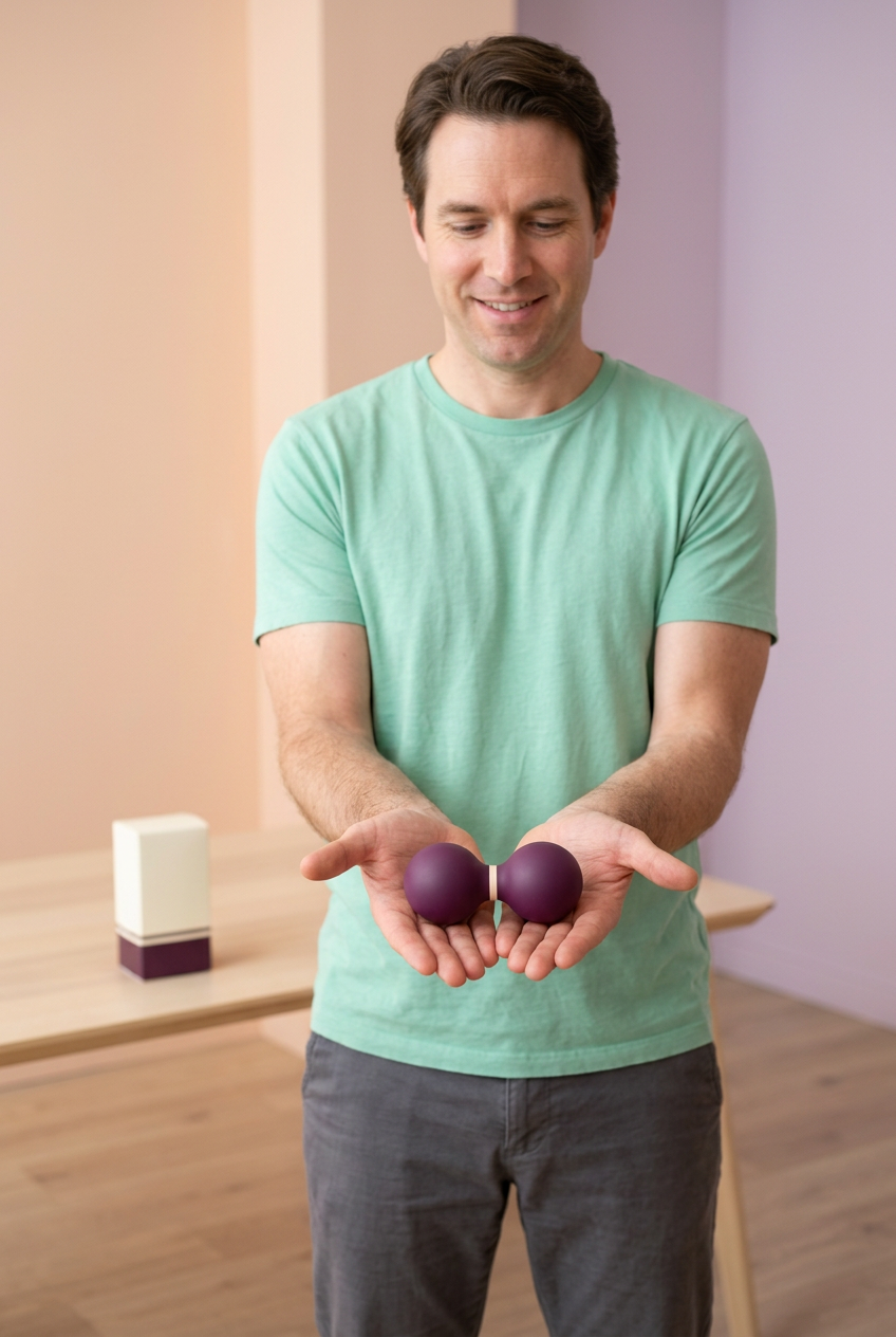 Adult Western male model holding the same single plum and cream peanut-shaped massage accessory