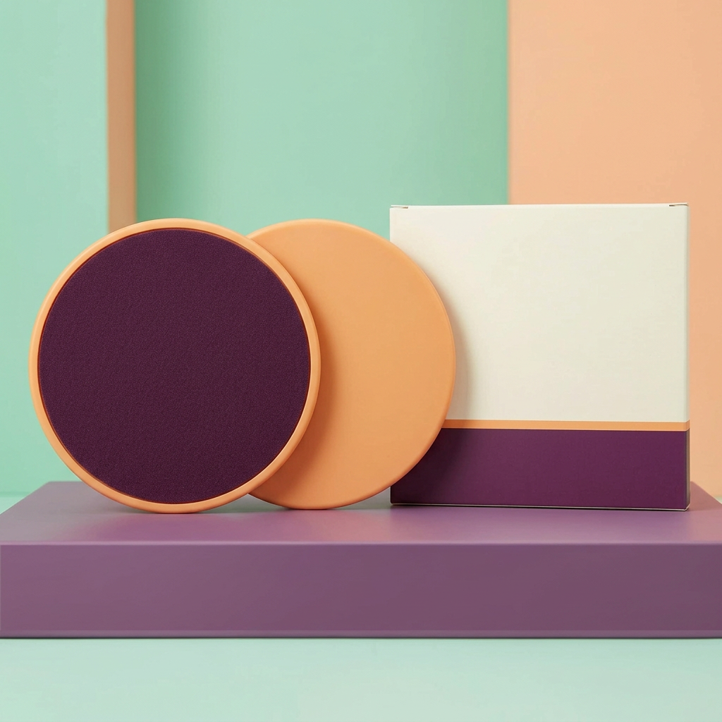 Pair of apricot and plum exercise sliders beside logo-free ivory plum carton on display podium