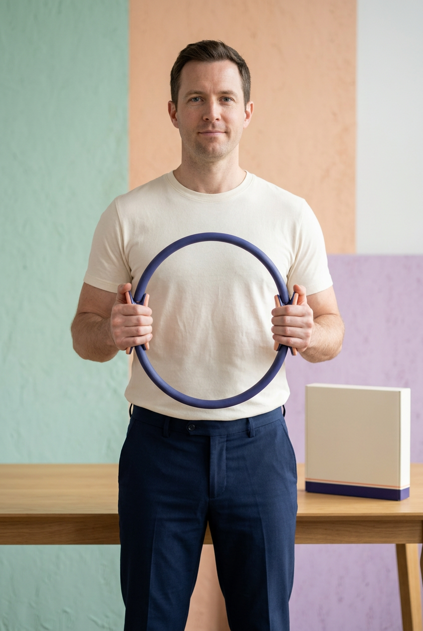 Adult American-looking male model holding the same indigo and peach Pilates ring