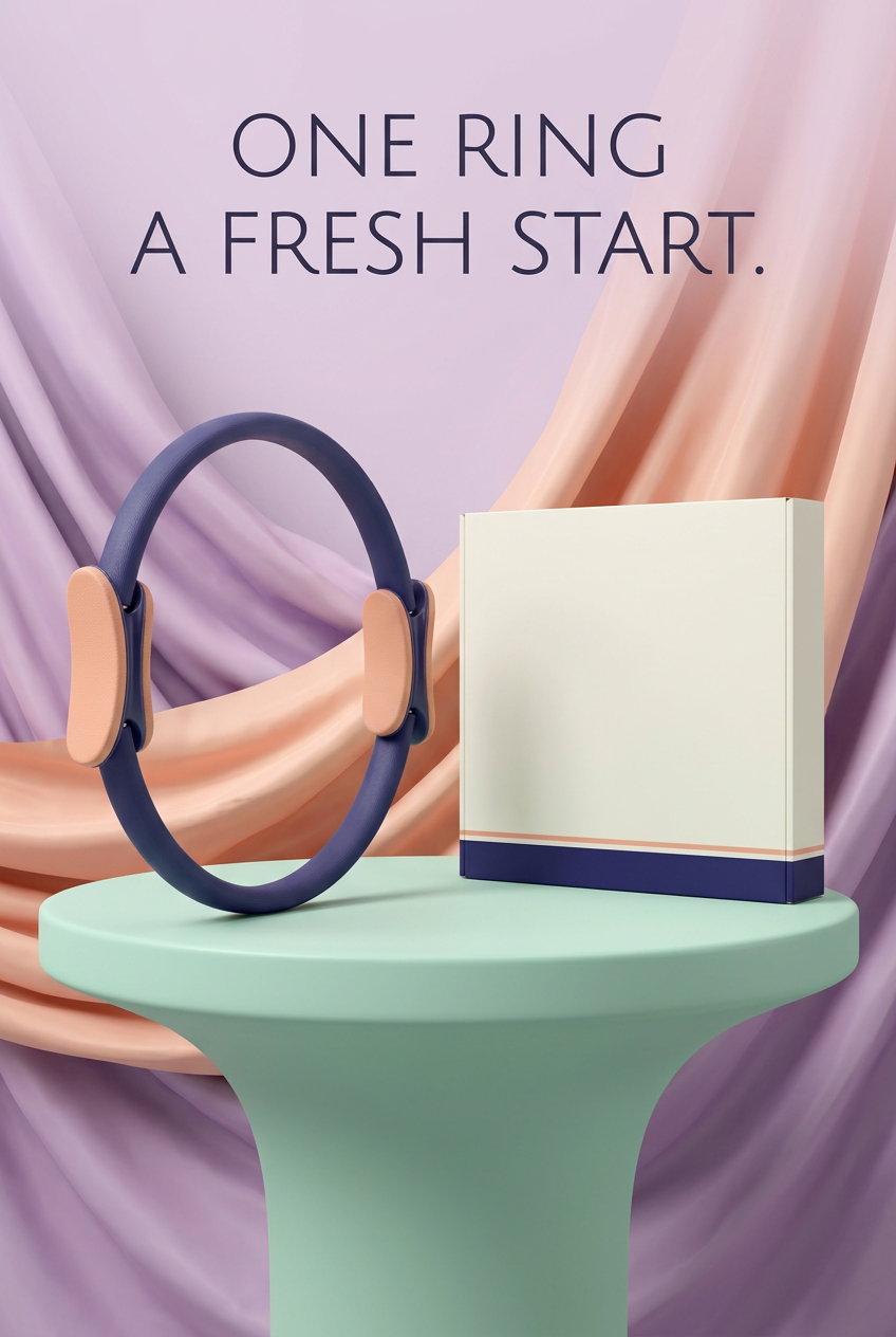 One Ring A Fresh Start: indigo and peach Pilates ring beside blank ivory carton