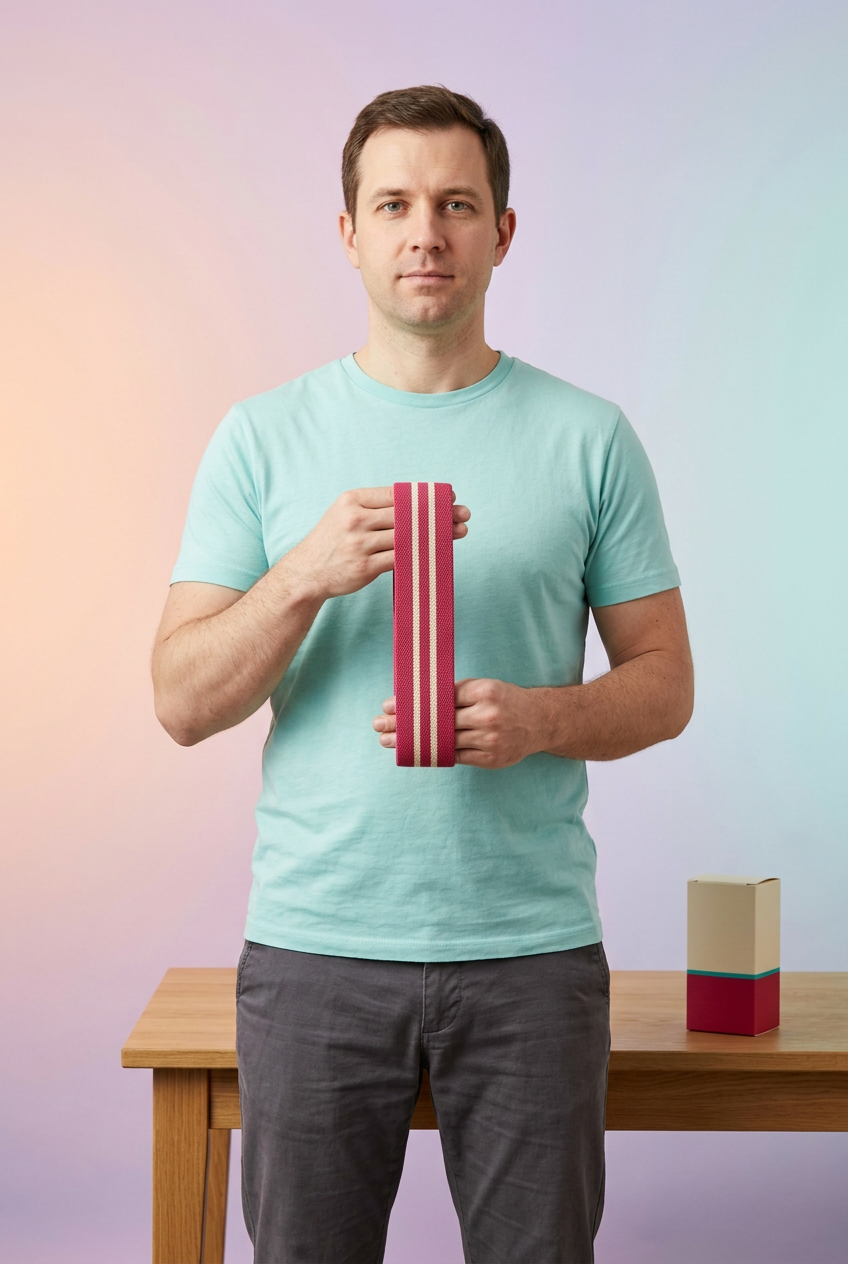 Adult American-looking male model holding the same raspberry and cream fabric loop