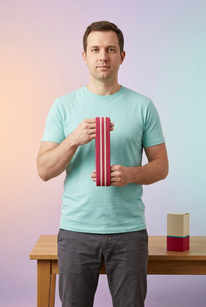 Adult American-looking male model holding the same raspberry and cream fabric loop