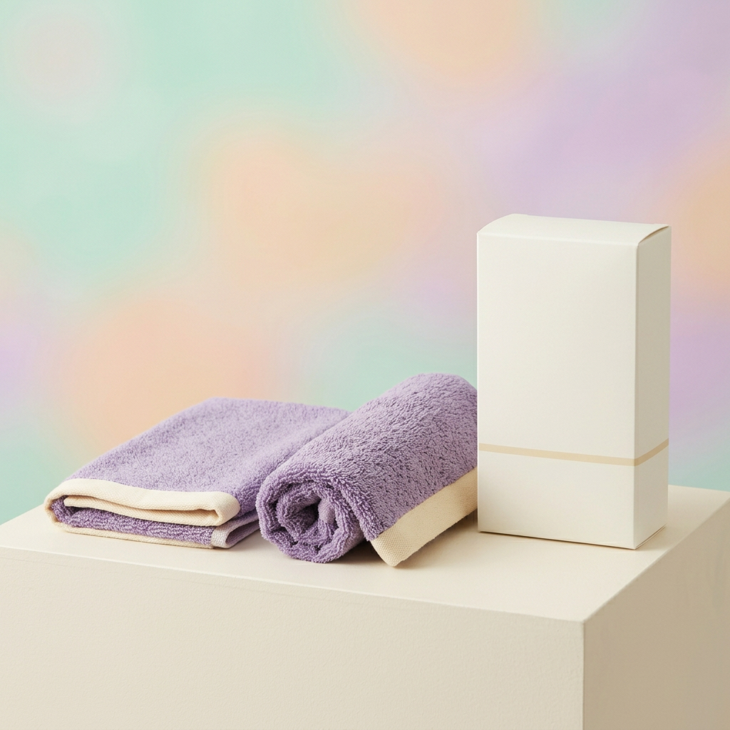 Two matching lavender towels on cream plinth