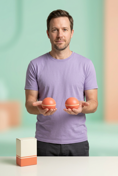 Adult Western male model holding the same coral and cream massage ball pair
