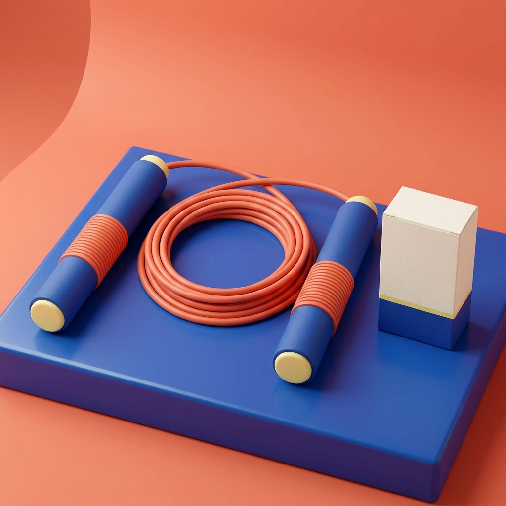 Cobalt and coral jump rope with pale yellow accents and blank ivory cobalt carton on blue podium
