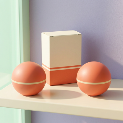 Matching coral massage balls and blank ivory coral carton on sunlit cream shelf