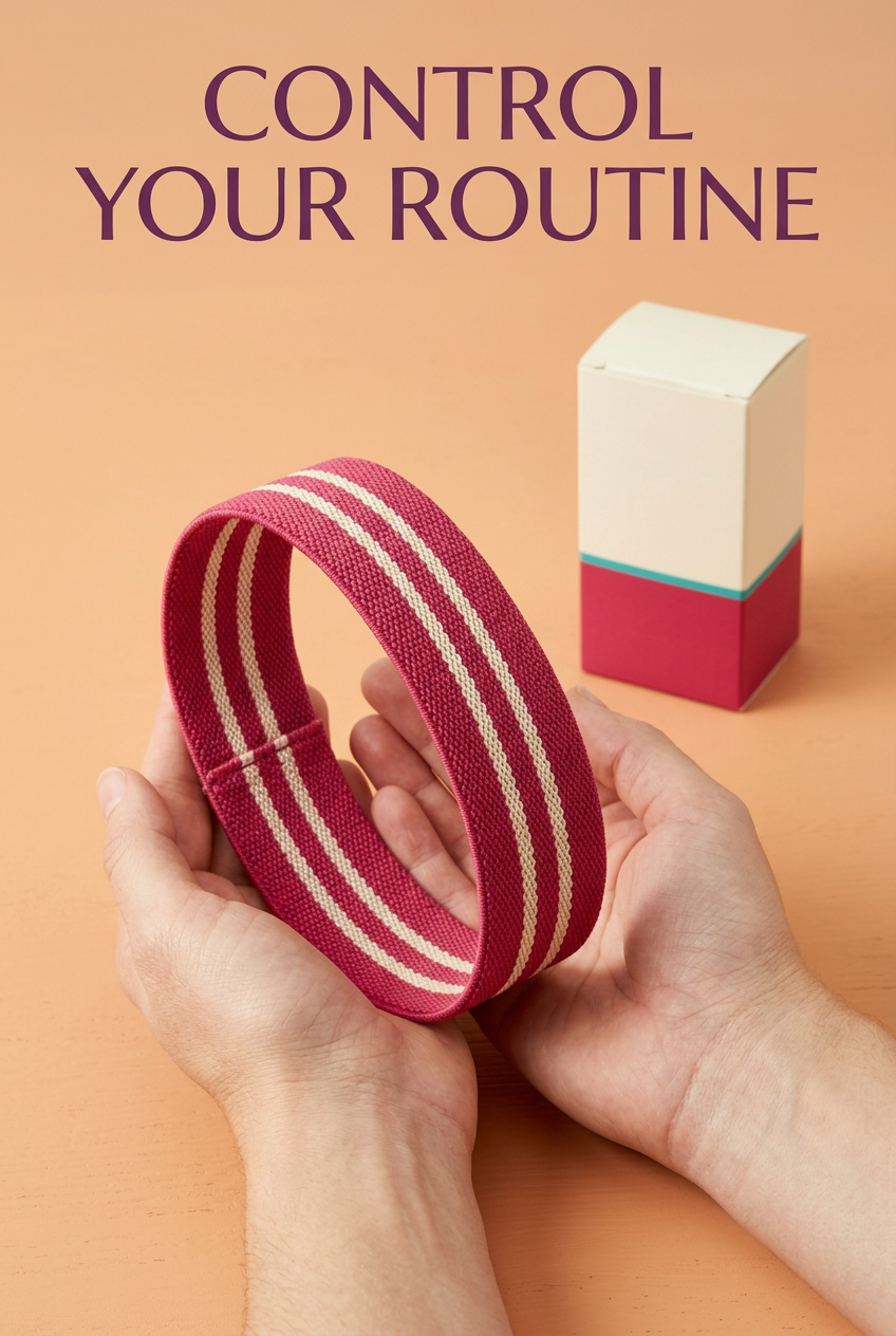 Control Your Routine: hands supporting raspberry double-stripe fabric exercise loop