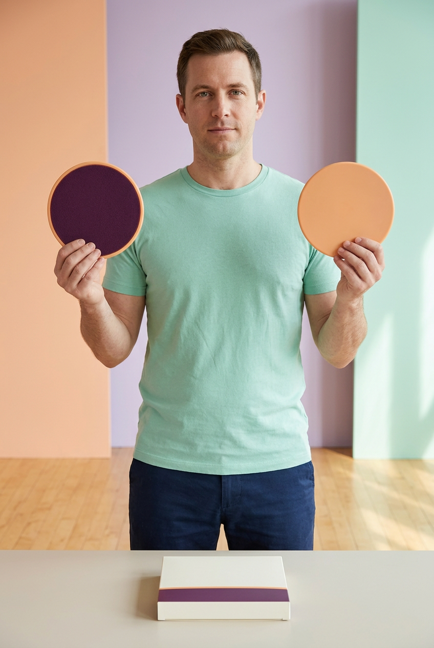 Adult American-looking male model holding the same two exercise slider discs