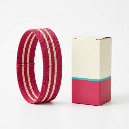 White background image of raspberry double-stripe loop band and matching logo-free packaging
