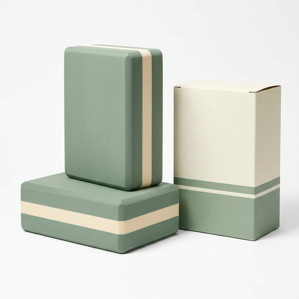 White background product photo of two sage and cream yoga blocks and logo-free packaging