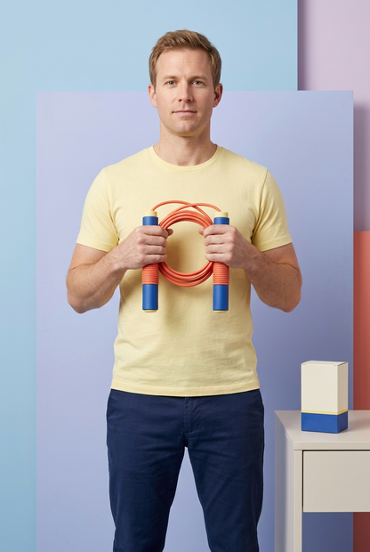 Adult American-looking male model holding the same cobalt and coral jump rope