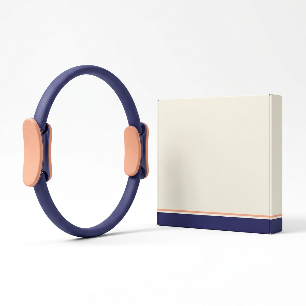 White background image of indigo and peach Pilates ring and matching logo-free packaging