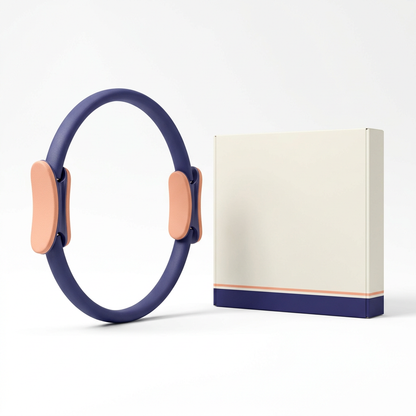 White background image of indigo and peach Pilates ring and matching logo-free packaging