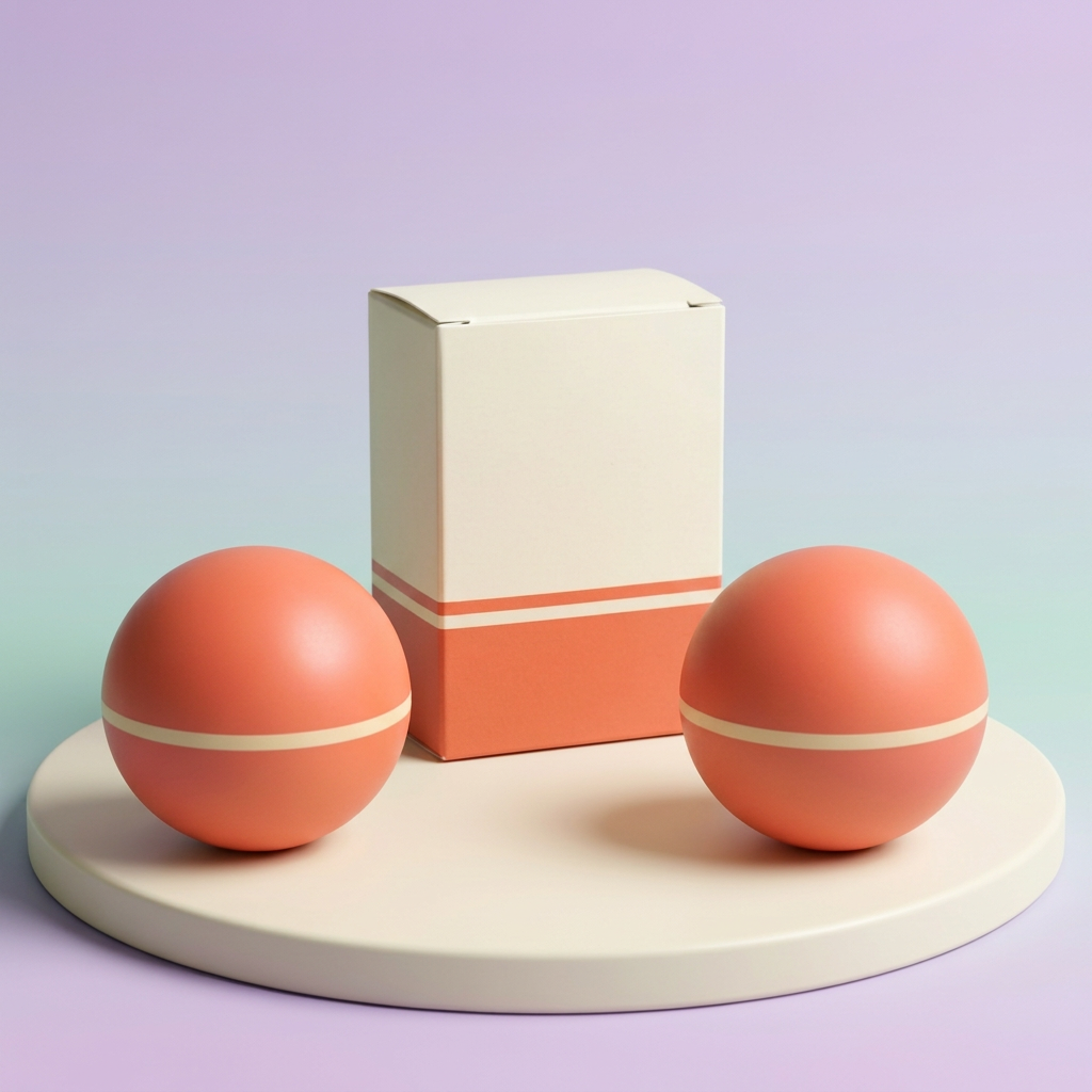 Two smooth coral massage balls with cream stripes and logo-free carton on cream platform
