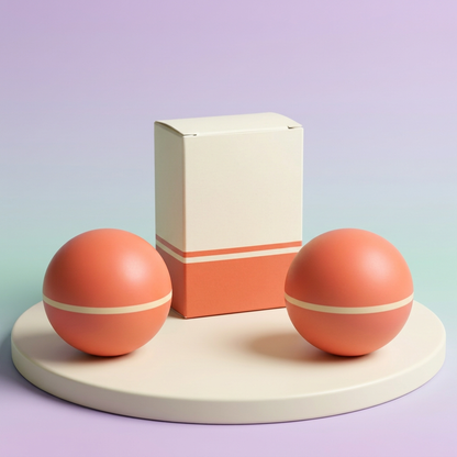 Two smooth coral massage balls with cream stripes and logo-free carton on cream platform
