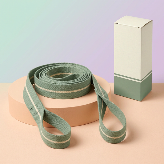Sage and cream woven mat carrying sling with two end loops and blank carton on peach podium