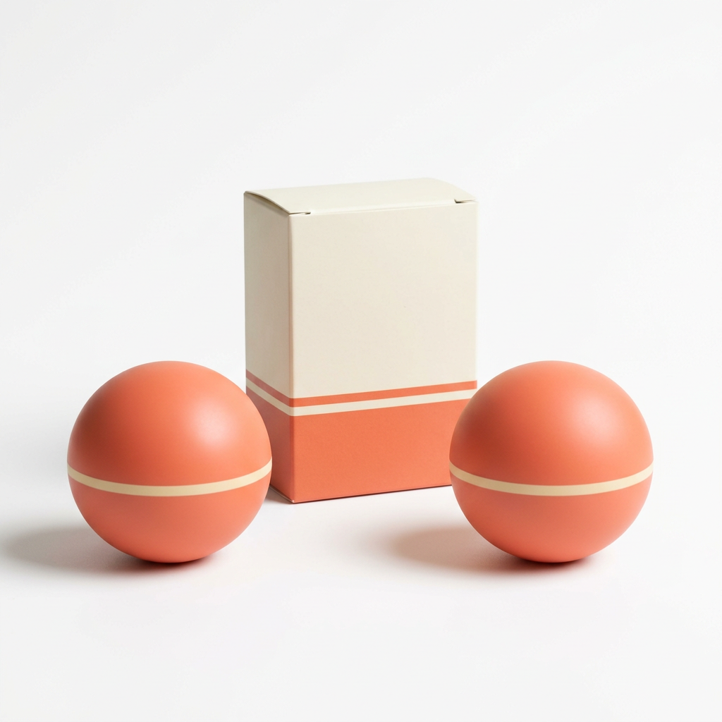White background image of two coral and cream massage balls and unbranded packaging