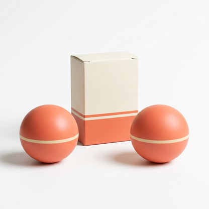 White background image of two coral and cream massage balls and unbranded packaging