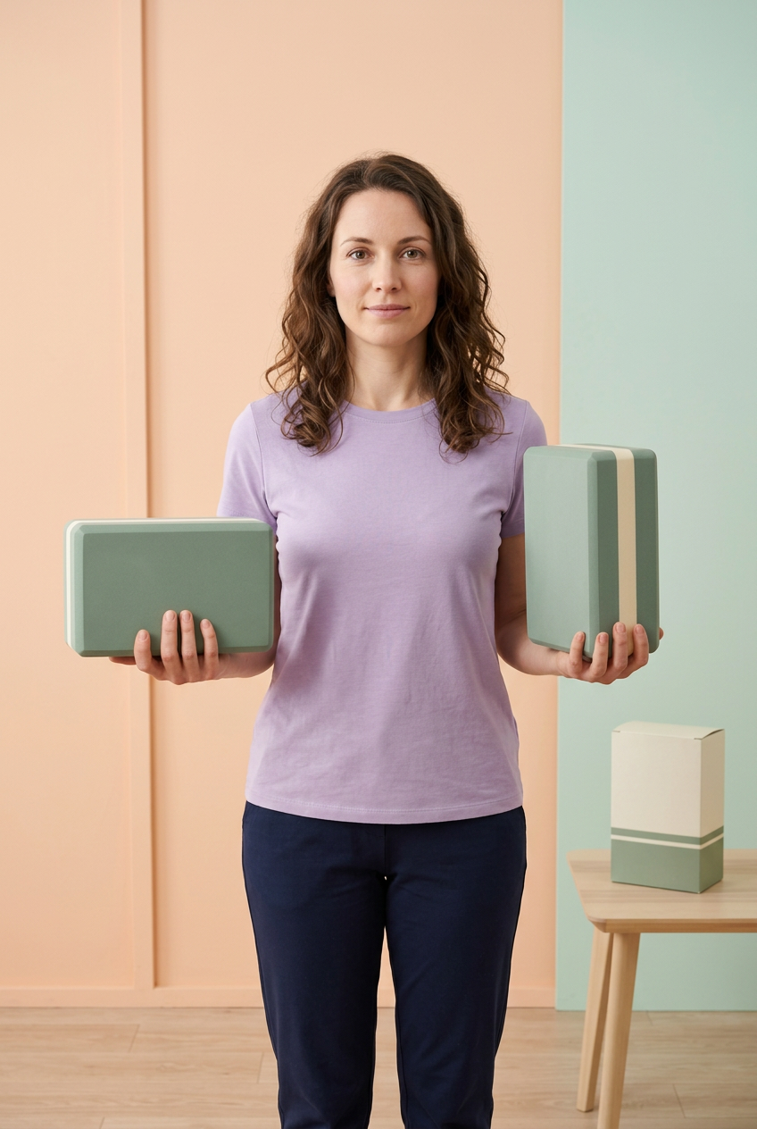 Adult Western female model holding two sage and cream yoga blocks one in each hand