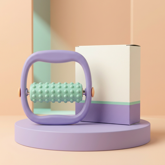 Lavender and mint manual body roller with matching logo-free box on a lavender podium