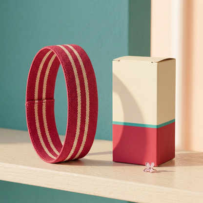 Raspberry resistance loop and matching logo-free carton in soft daylight on cream shelf