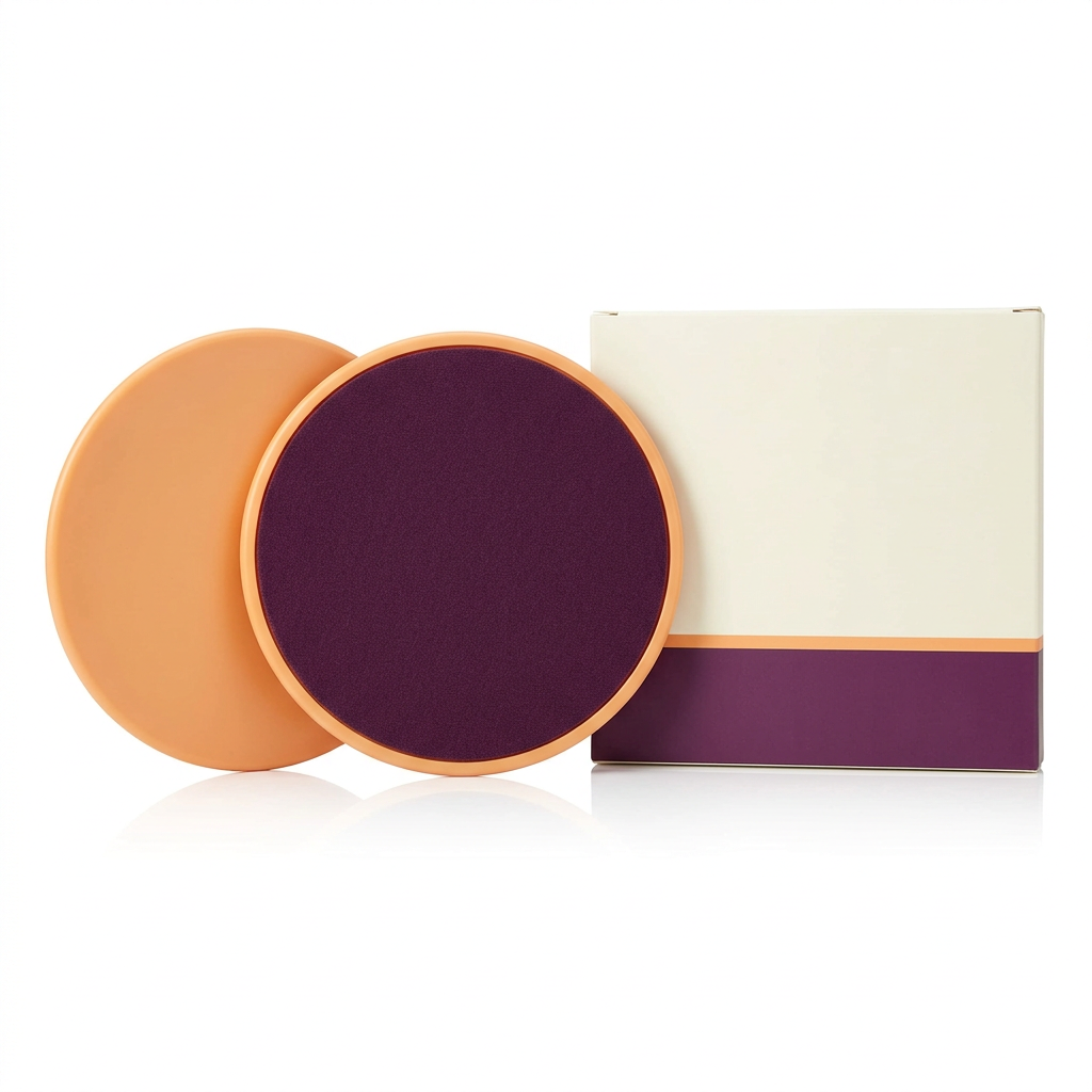 White background image of two apricot and plum exercise sliders and logo-free carton