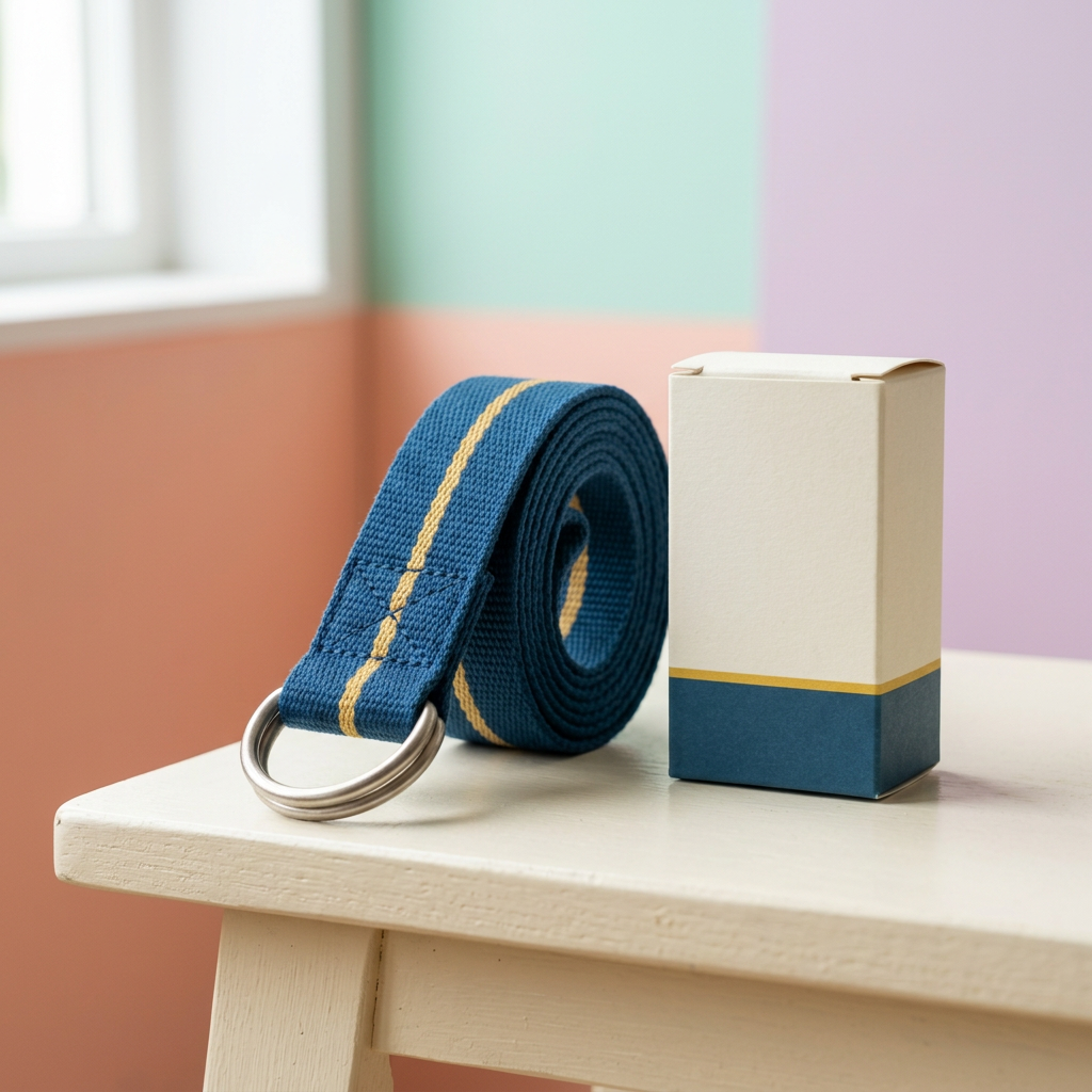 Ocean-blue yoga strap with golden stripe and matching blank carton on cream bench