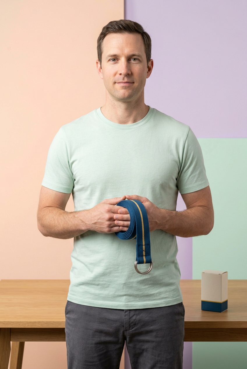 Adult Western male model holding the same rolled blue gold yoga stretching strap