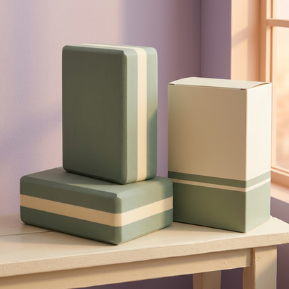 Sage and cream yoga block pair with unbranded carton on cream bench in warm light