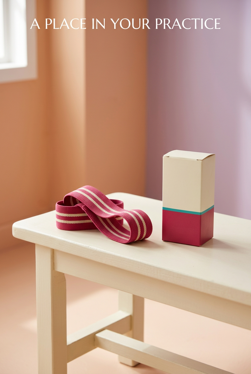 A Place in Your Practice: loosely arranged raspberry exercise loop beside matching carton