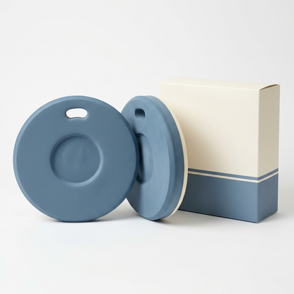 White background image of two blue circular kneeling pads with cream lower layers and blank carton