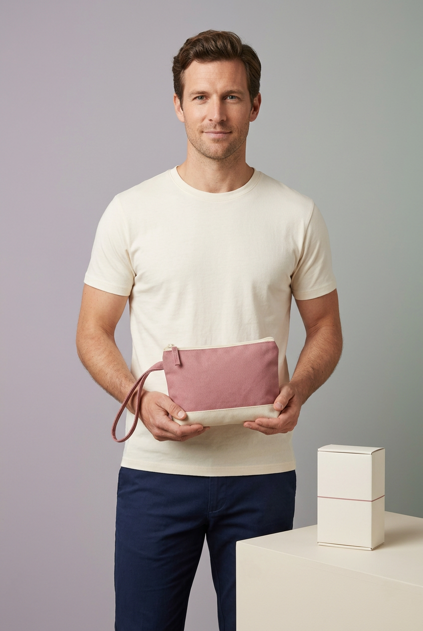 Adult male model holding organizer pouch