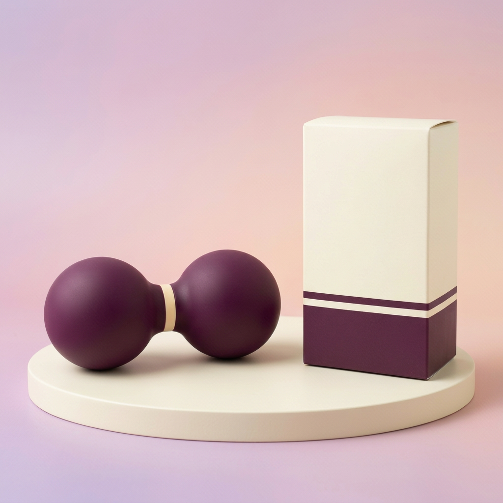 Plum and cream connected double-lobe massage accessory and logo-free carton on cream platform