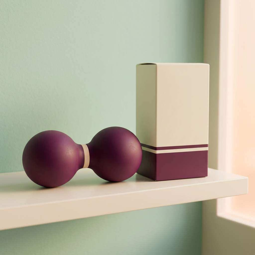 Plum peanut-shaped massage ball and blank ivory plum packaging on sunlit cream shelf