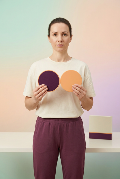 Adult European-looking female model holding one apricot and plum exercise slider in each hand