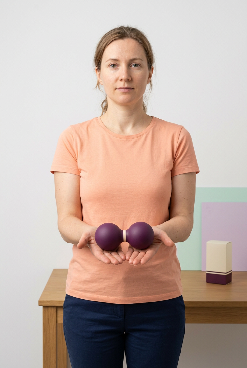 Adult Western female model presenting one connected plum and cream peanut massage accessory in both hands