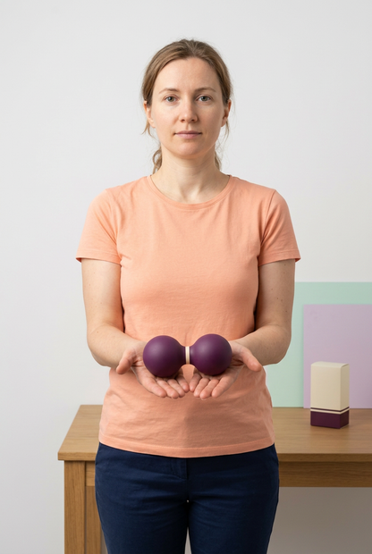 Adult Western female model presenting one connected plum and cream peanut massage accessory in both hands
