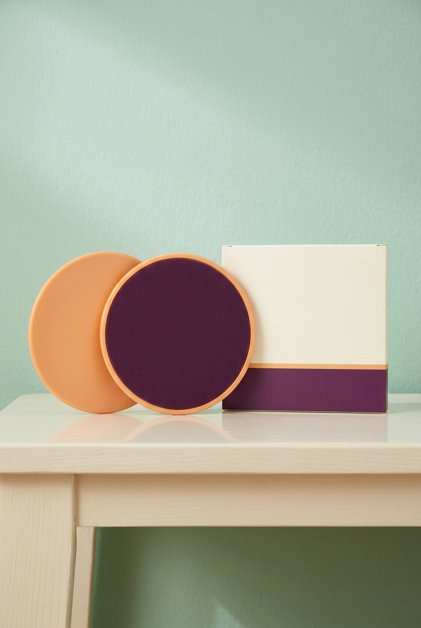 Small Kit Thoughtful Practice: two exercise slider discs and matching completely blank carton on cream bench