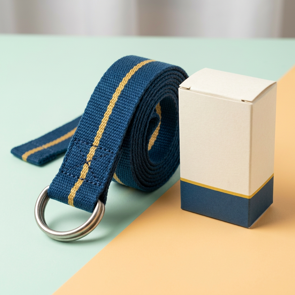Blue woven yoga strap and unbranded ivory blue gold carton on mint and apricot surface