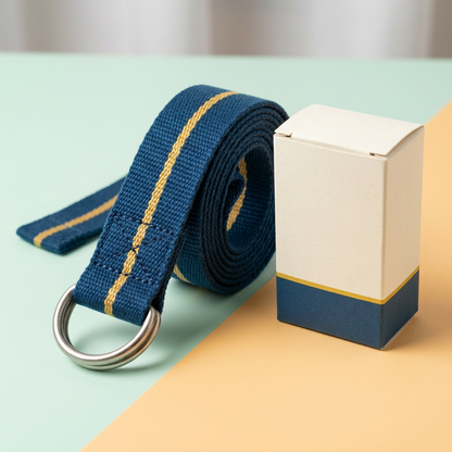 Blue woven yoga strap and unbranded ivory blue gold carton on mint and apricot surface